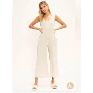 Project Social T Santa Clara Ribbed Jumpsuit S Gray Ash Sleeveless Wide Leg Knit